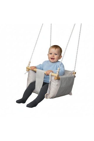 Ahşap Çocuk & Bebek Salıncağı Krem Rengi Minder Yastık Ve Diş Halkalı Tavan Salıncak