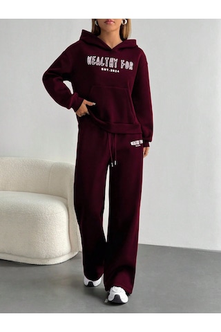 Macklin Unisex Kadın Erkek Healty For Baskılı Oversize 3 İplik Kapüşonlu Sweatshirt Ve Baggy Eşofman Altı Bordo