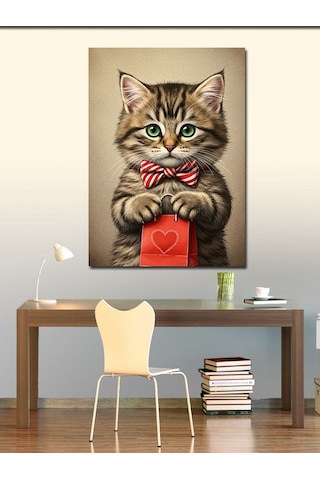 Kanvas Tablo Fiyonklu Kedi Ve Şirin Hediye 50cmx70cm