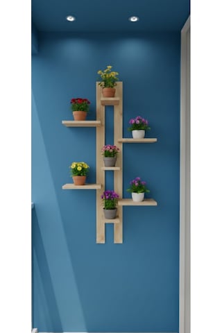 Dekoratif Ahşap Duvar Rafı - 120x50 Cm Çok Amaçlı Saksılık Ve Çiçeklik Standı - Çift Taraflı Bantlı Bej
