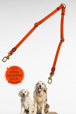 Caramelos İkili Çift Köpek Gezdirme Tasması Ve Sevk Kayışı Set Ayarlanabilir Mavi - Turuncu