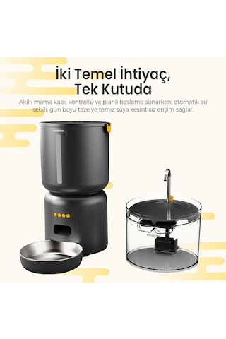 Haustier Fw3 Siyah Akıllı Mama Kabı, Kedi Su Pınarı Akıllı Beslenme İstasyonu 2 Li Set