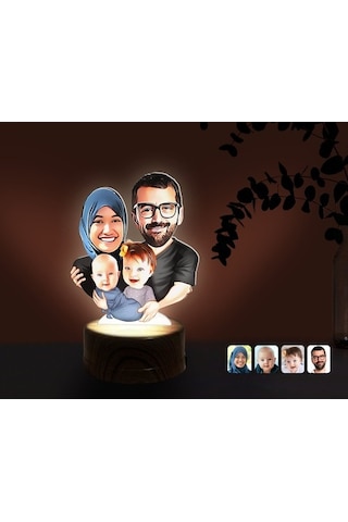 Kişiye Özel Tesettürlü Aile Karikatürlü Dekoratif 3D Biblo Led Iş (483006824)