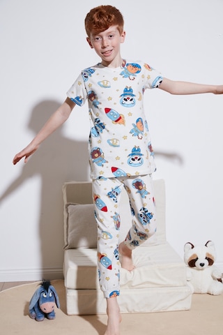 Lela Desenli % 100 Pamuk Bisiklet Yaka Erkek Çocuk Pijama Takımı 6651003 Ekru-Mavi