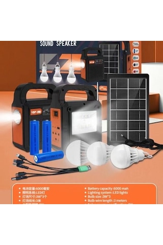 Kamp Lambası Güneş Enerjili Aydınlatma Sistemi 3ampul,powerbank,ışıldak,radyo,müzik Speaker,usb/tf 6000 Mah-gsu-200 Siyah