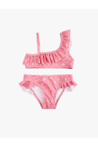 Koton Fırfırlı Parlak Baskılı Tek Omuz İnce Askılı Bikini Takımı Pembe Desenli 5skg00015mm Pembe Desenli