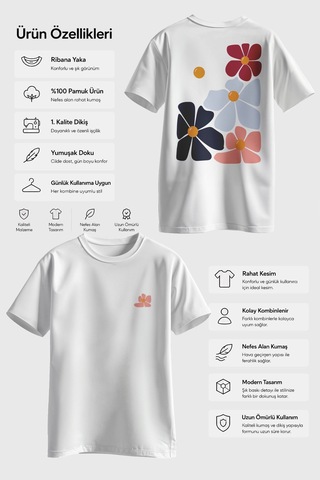 Spoyi Pastel Çiçekler Tasarımlı %100 Pamuk Yarım Oversize Beyaz T-shirt