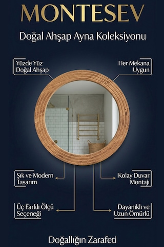 Antik Ahşap Dekoratif Ayna Yuvarlak Banyo Duvar Aynası 43 Cm Naturel
