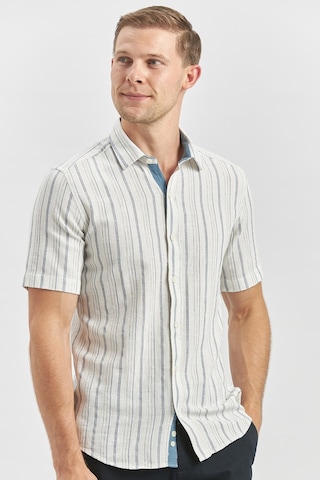 İmza Koyu Lacivert Kısa Kollu Çizgili Armürlü Garnili Pamuklu Casual Slim Fit Dar Kesim Gömlek 1004240244 Koyu Lacivert