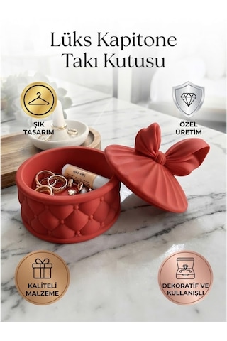 Lüks Kapitone Tasarımlı Takı Kutusu Ve Dekoratif Aksesuar Çanağı Kırmızı