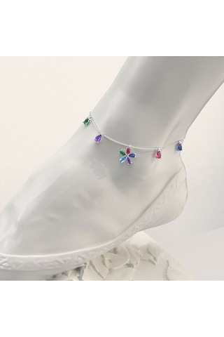 İndigo Takı Renkli Taş Çiçek Beyaz Gümüş Halhal Çok Renkli