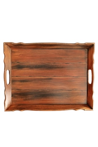 El Boyaması Eskitme Kahve Desenli Ahşap Servis Ve Sunum Tepsisi Eskitme Kahverengi