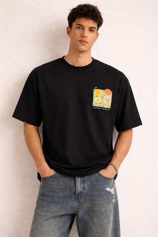 Tarz Cool Erkek Floral Baskılı Tişört Oversize Fit, Sırt Desenli Small Moments Big Memories Siyah