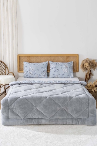 Rivaistanbul Gri Çiçekli Loura Çift Kişilik Çift Taraflı Lüx Wellsoft Yorgan Seti 195x215 Cm Gri