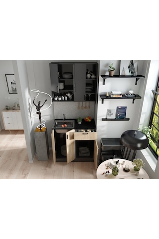 Antrasit Gövde -ahşap Detaylı Mutfak Dolabı Alt -üst Modül