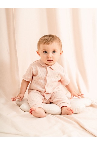 Jakarlı Bebe Yakalı 2li Bebe Takımı Pudra