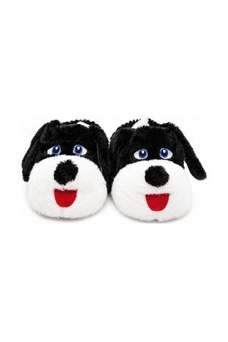 Modafocus Sevimli Köpek Figürlü Sessiz Kaydırmaz Taban Peluş Unisex Ev Pandufu Sevgili Kombin Terliği Siyah Siyah