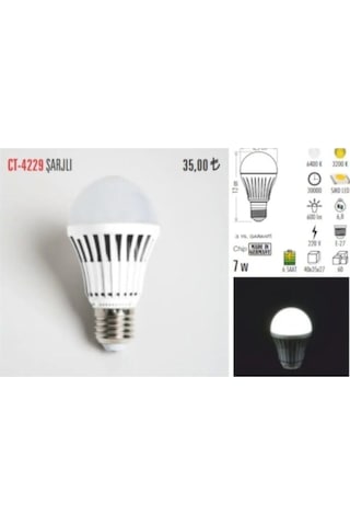 Ct 4229 E27 Şarjlı Led Ampul Işıldak - Elektrik Kesilince Yanar Beyaz
