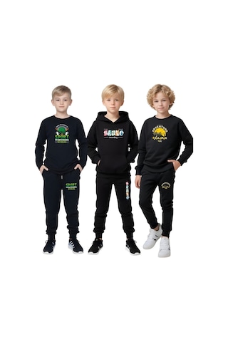 3 Lü Erkek Çocuk Baskılı Kanguru Cepli Kapüşonlu/sıfır Yaka Eşofman Takımı Siyah