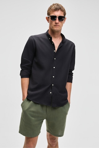 Grimelange Perttu Erkek %100 Pamuk Slim Fit Dar Kesim Düğmeli Yaka Keten Görünümlü Flamlı Siyah Göml Siyah