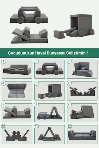 10 Parça Lego Modüler Bebek Ve Çocuk 2'li Koltuğu Açık Gri
