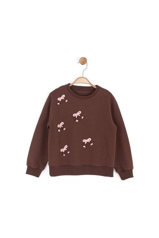 Kız Çocuk Fiyonk İşlemeli Sweatshirt-16134 Kahverengi