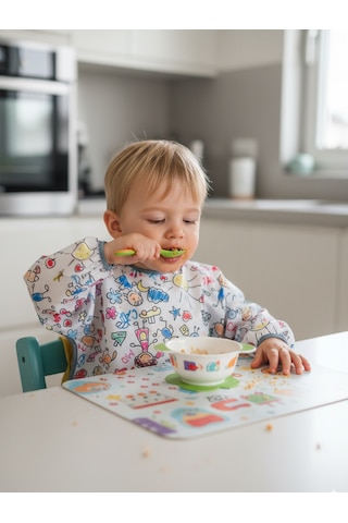 Yorni 3-5 Yaş Family, Arkadan Bağcıklı, Sıvı Geçirmez, Cepli, Makinede Yıkanabilir, Uzun Kollu Bebek Çocuk Mama Önlüğü, Önlük Beyaz