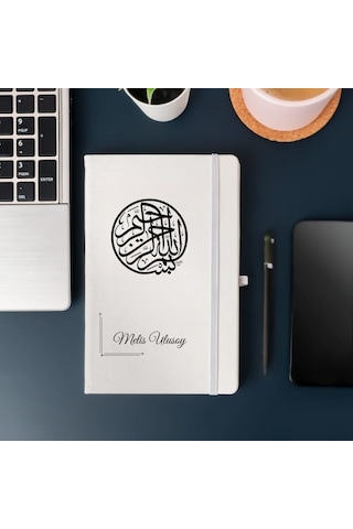 Kişiye Özel Besmele Hat Yazılı Deri Kapak Hediyelik Defter Beyaz
