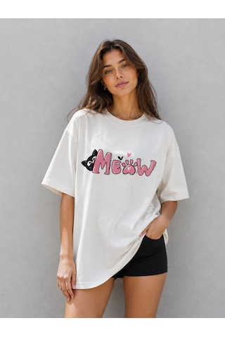 Montree Kedi Meow Baskılı Oversize %100 Pamuk Premium Tişört Beyaz