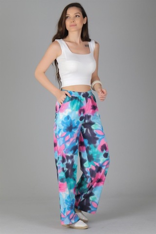 Sweetness Kadın Batik Desenli Bol Paça Beli Lastikli Pantolon Mavi