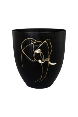 Lea Fil Desenli Siyah Metal Saksı Çap 18cm Yükseklik 19cm