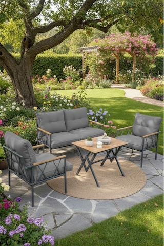 Ard & Garden Miray 211 Masalı Gri Fermuarlı Bahçe Balkon Takımı, Salon, Teras- Berjer Düğmeli Metal Çay Seti Gri