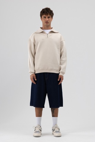 Vamos Basic Fermuarlı Dik Yaka Sweatshirt Taş