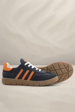 Hakiki Deri Lacivert Turuncu Bağcıklı Fermuarlı Çocuk Sneakers Ayakkabı Lacivert