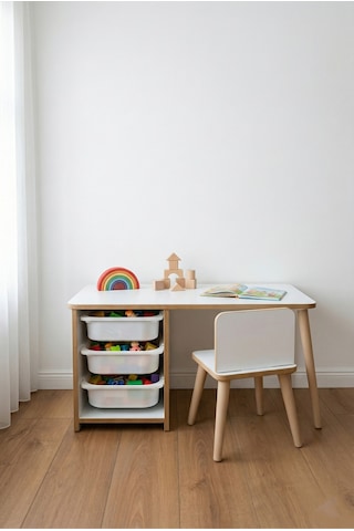 Çocuk Masa Sandalye Takımı 90x45 Cm 3 Sepetli Çocuk Çalışma Masası Aktivite Masası Yaz-sil Beyaz