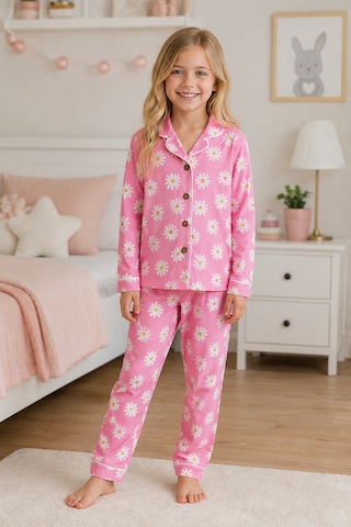 Beniizle Kız Çocuk Pijama Takımı Papatya Desenli Pembe Uzun Kollu Düğmeli 2 Li Pijama Takımı