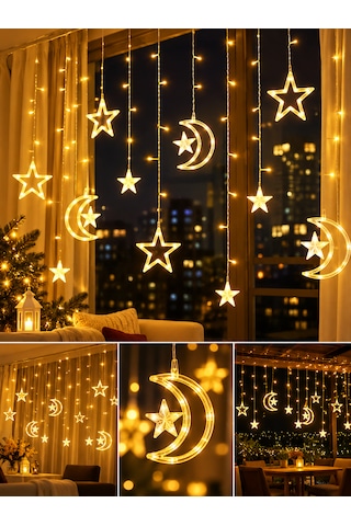 Yılbaşı Işıklandırma 3 Metre Fişli Ay Yıldız Led Perde Işık 10 Saçaklı 8 Fonksiyonlu Sarı Dekoratif Ev Pencere Balkon Süsleme