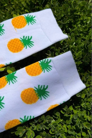 Lousocks Unisex Ananas Desenli Beyaz Soket Çorap