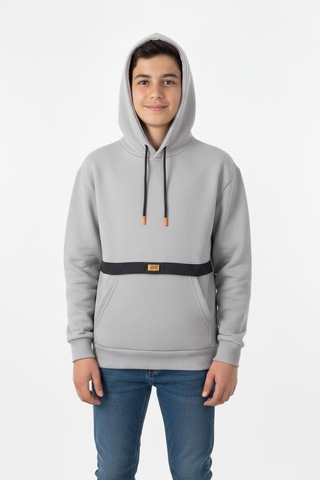 Kapşonlu Kanguru Cepli Detaylı Erkek Çocuk Sweatshirt-90835 Gri