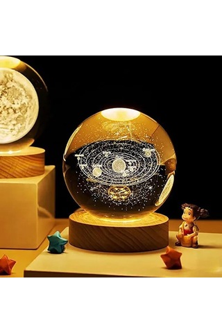Yunboo 6cm Kristal Top + Ahşap Tabanlı 3d Lazer Gravürlü Ay Galaksi Led Gece Lambası Şeffaf