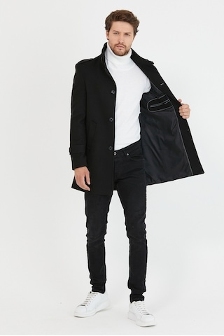 Erkek Siyah Dar Kesim Dik Yaka Uzun Kaşe Kaban-Siyah