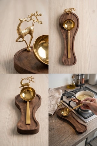 Ahşap Kaşıklık Dekoratif Tezgâh Üstü Kepçelik Mutfak Düzenleyici Lüks Geyik Gold