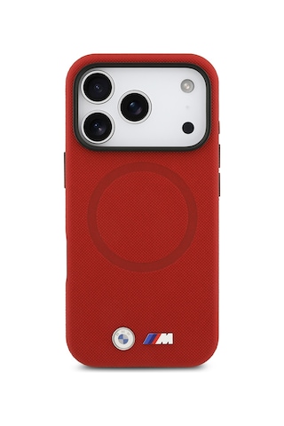 İphone 17 Pro Uyumlu Kılıf Bmw Lisanslı M-safeli Metal Logolu Delikli M Dizayn Deri Kapak Kırmızı Kirmizi