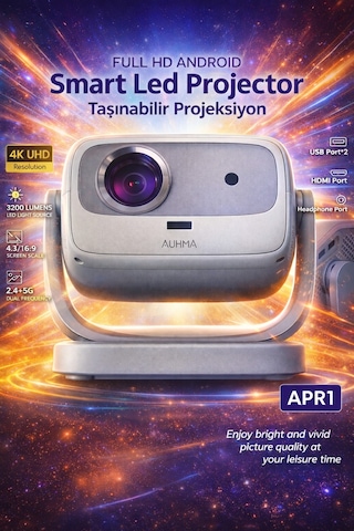 Projeksiyon Cihazı Taşınılabilir Wifi 2.4+5g-6.0 4k Uhd 150 İnç Dahili Hoparlör 180 Derece Smart Led
