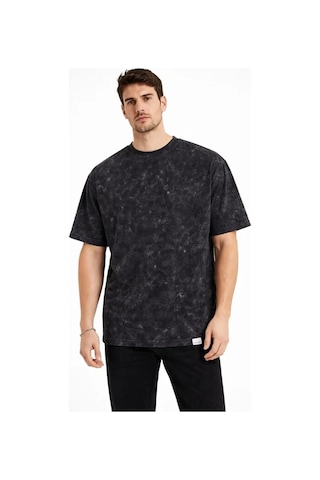 Veraura Lifestyle Erkek Asit Yıkama Bisiklet Yaka Kısa Kollu Oversize T-shirt Tişört - Siyah