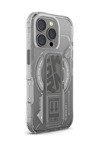 Apple iPhone 16 Pro Max Uyumlu Kılıf Magsafe Şarj Özellikli Teknoloji Desenli Standlı Skinarma Helio Gri