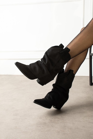 Shoetek Livinya Kadın Kovboy Bot Körüklü Siyah Süet Siyah