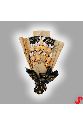 9 Kahve Pelüş Tavşanlı Led Işıklı Buket, 65cm x 45cm