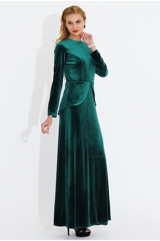 Nidya Moda Büyük Beden Kadife Peplumlu Elbise-4044Y Yeşil