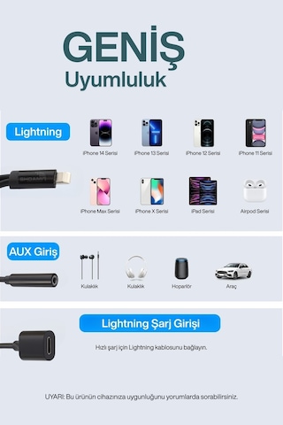 2in1 Lightning Aux Dönüştürücü Şarj + Müzik Tüm Apple Uyumlu iOs Modelleriyle